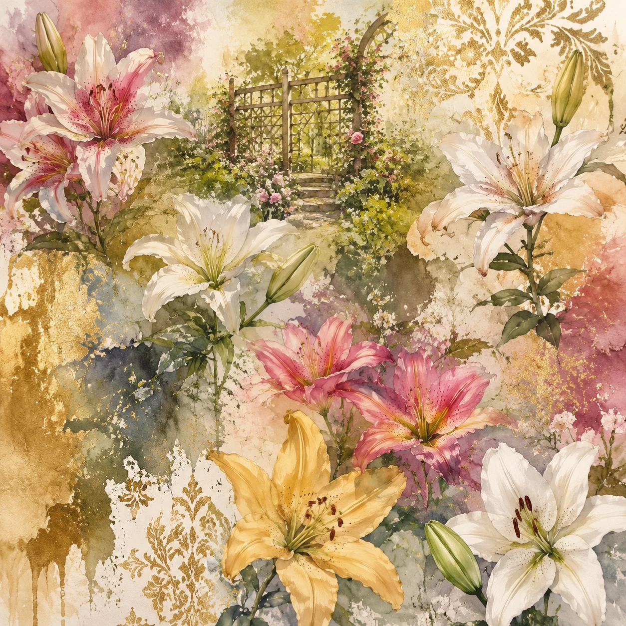 Gigli ad acquerello in un moodboard di giardino decorativo