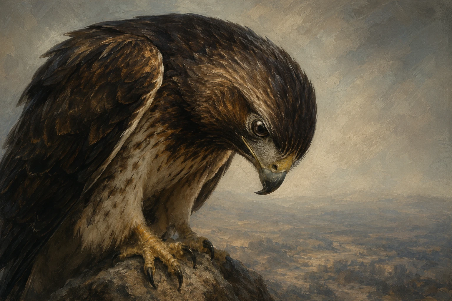 Hawk pausing mid perch with downward gaze and soft light
