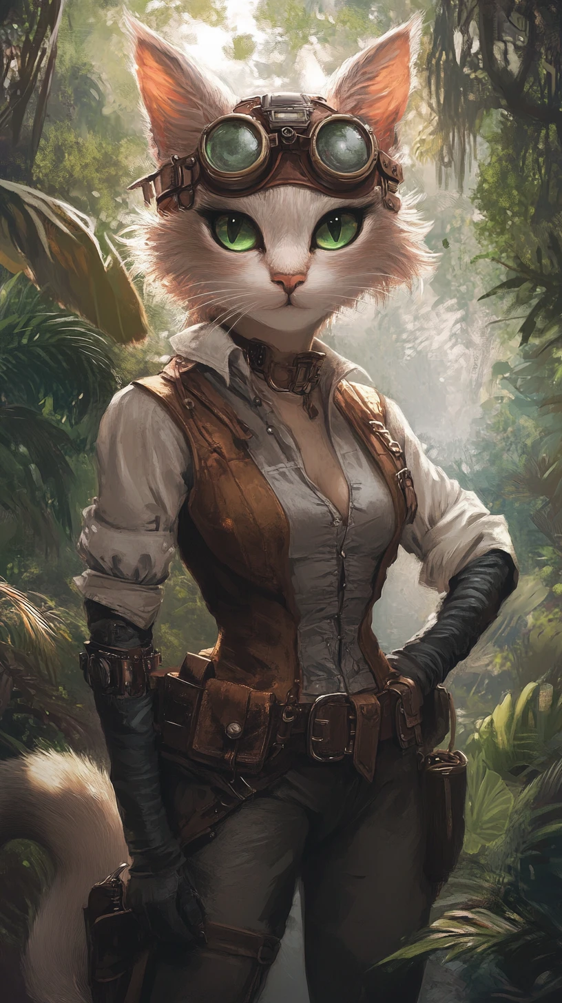 Steampunk cat girl adventurer in a misty jungle