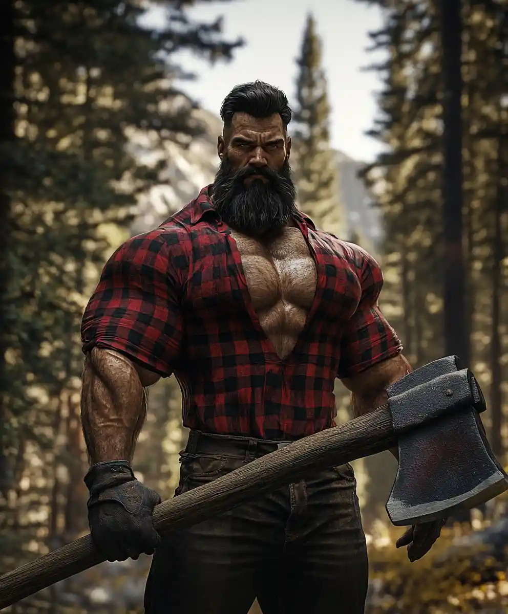 Muscular lumberjack standing in a dense pine forest
