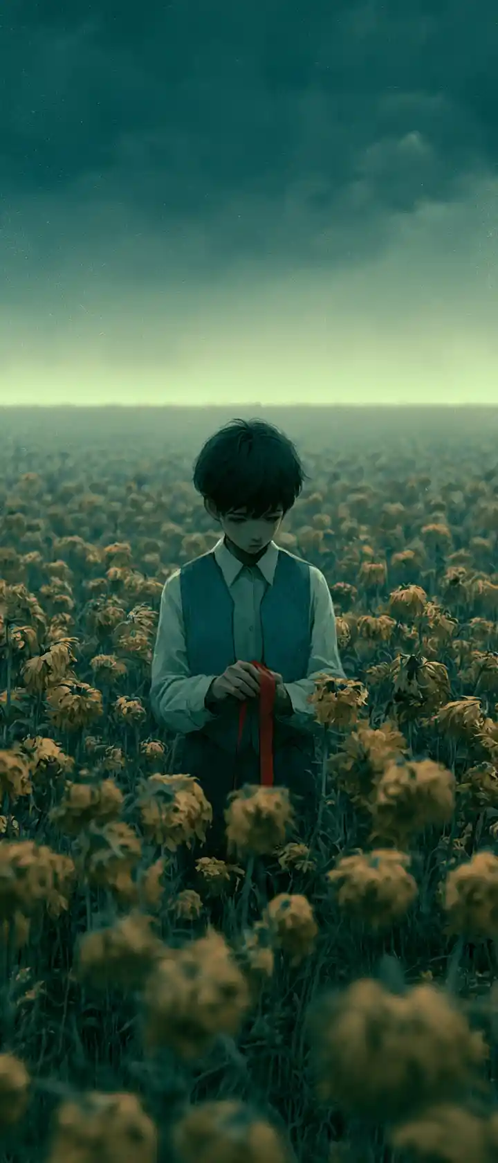 Sad anime girl in sunflower field under stormy sky