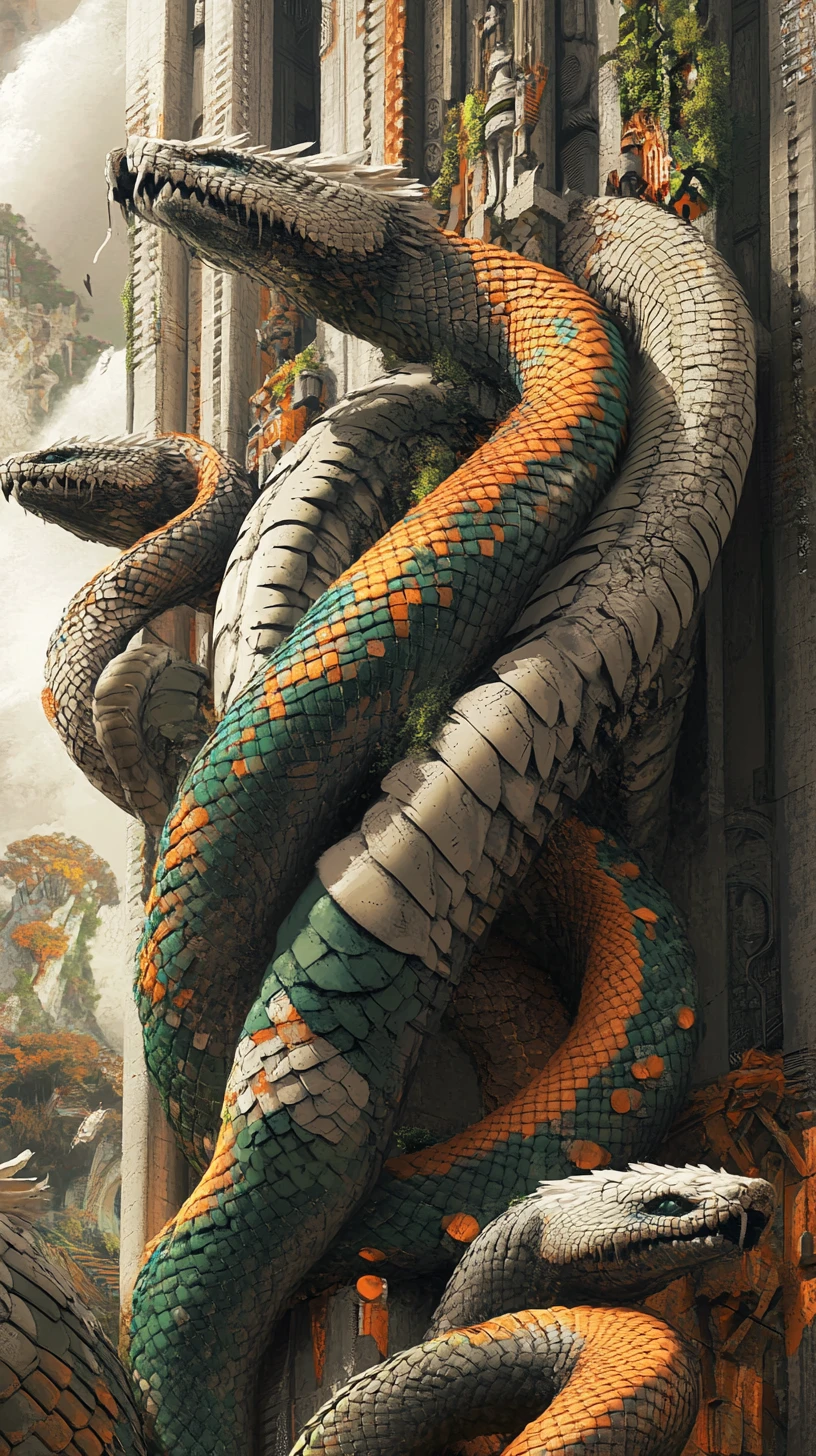Braided steel columns wrapped by colorful feathered serpents