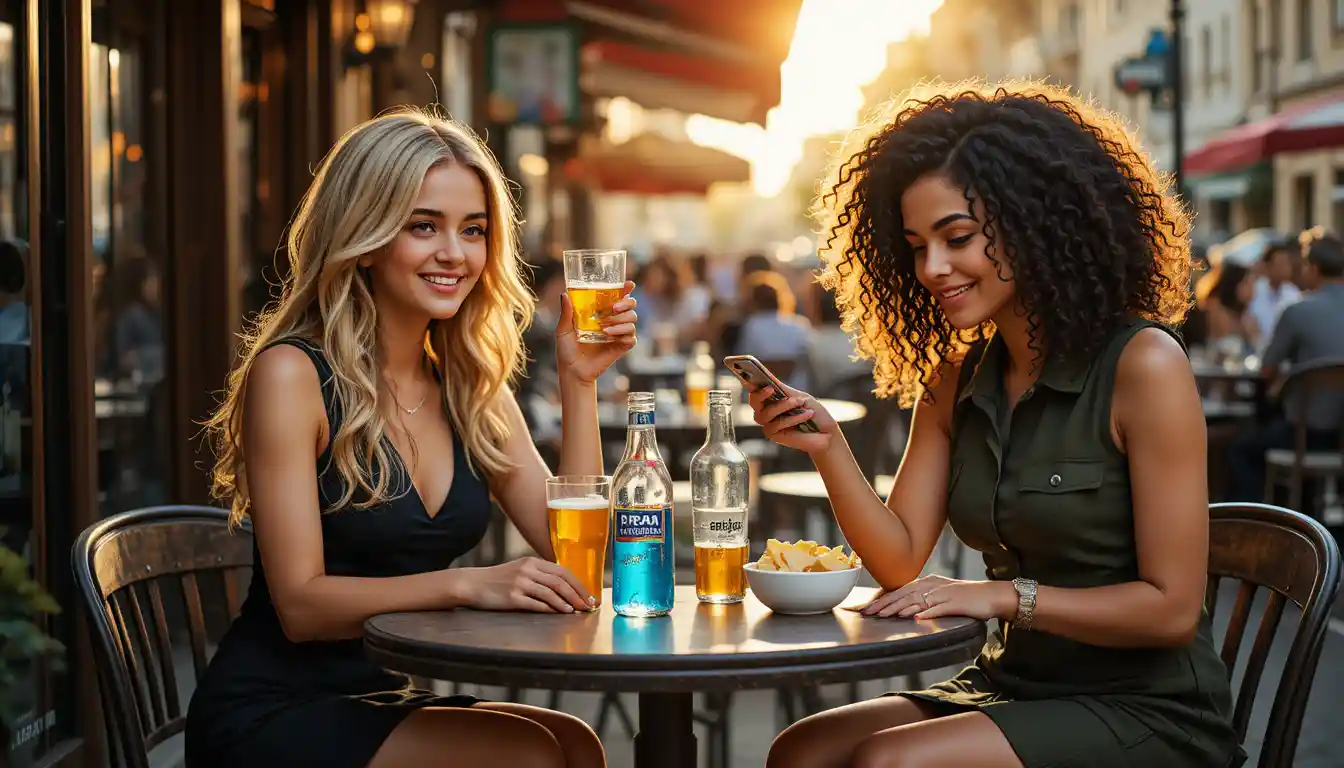 Two young women sharing drinks at an outdoor cafe