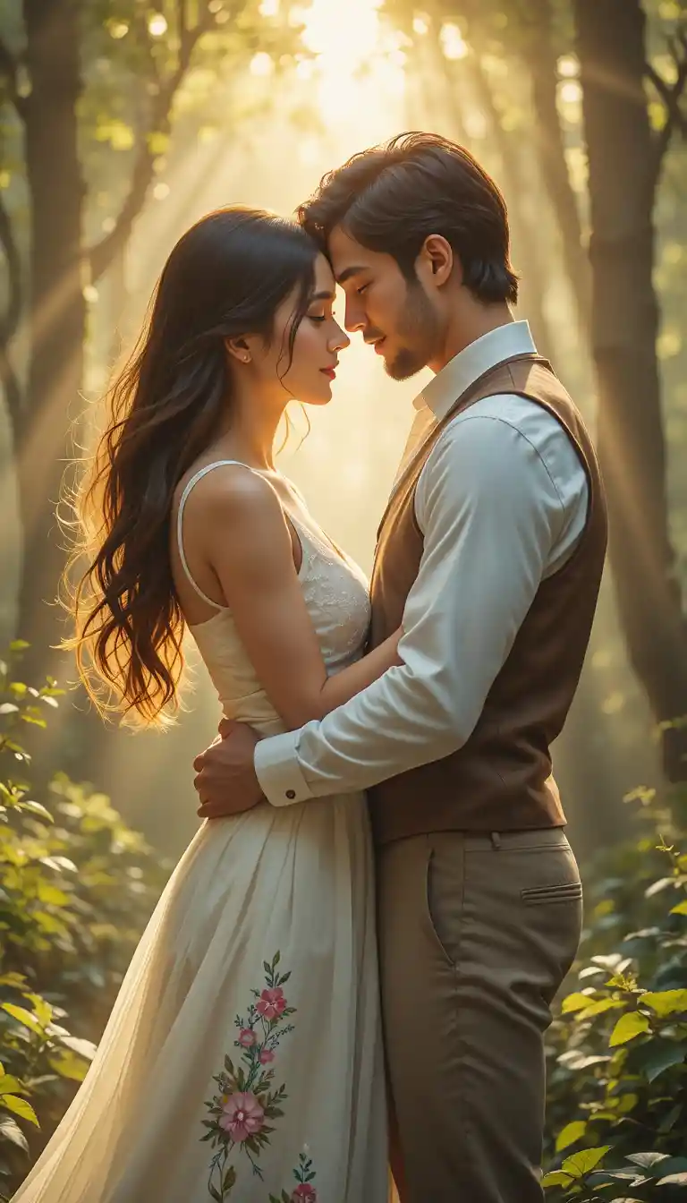 Romantic couple embracing in a glowing enchanted forest