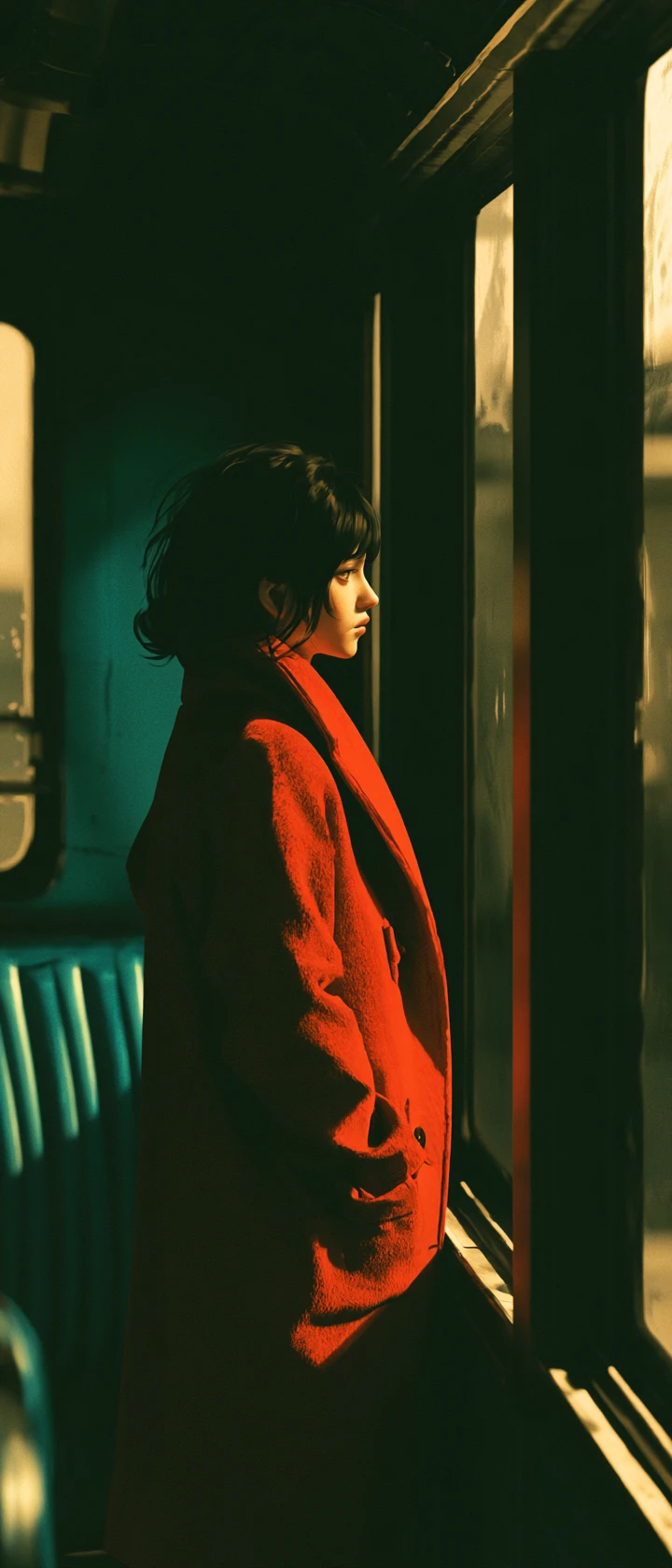 Anime girl gazing from a vintage train window in sunlight