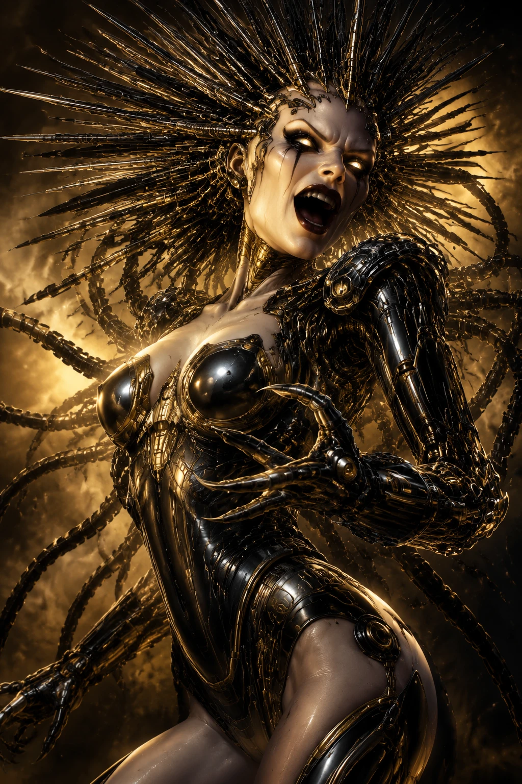 Insane techno organic woman embodying corrupted artificial mind