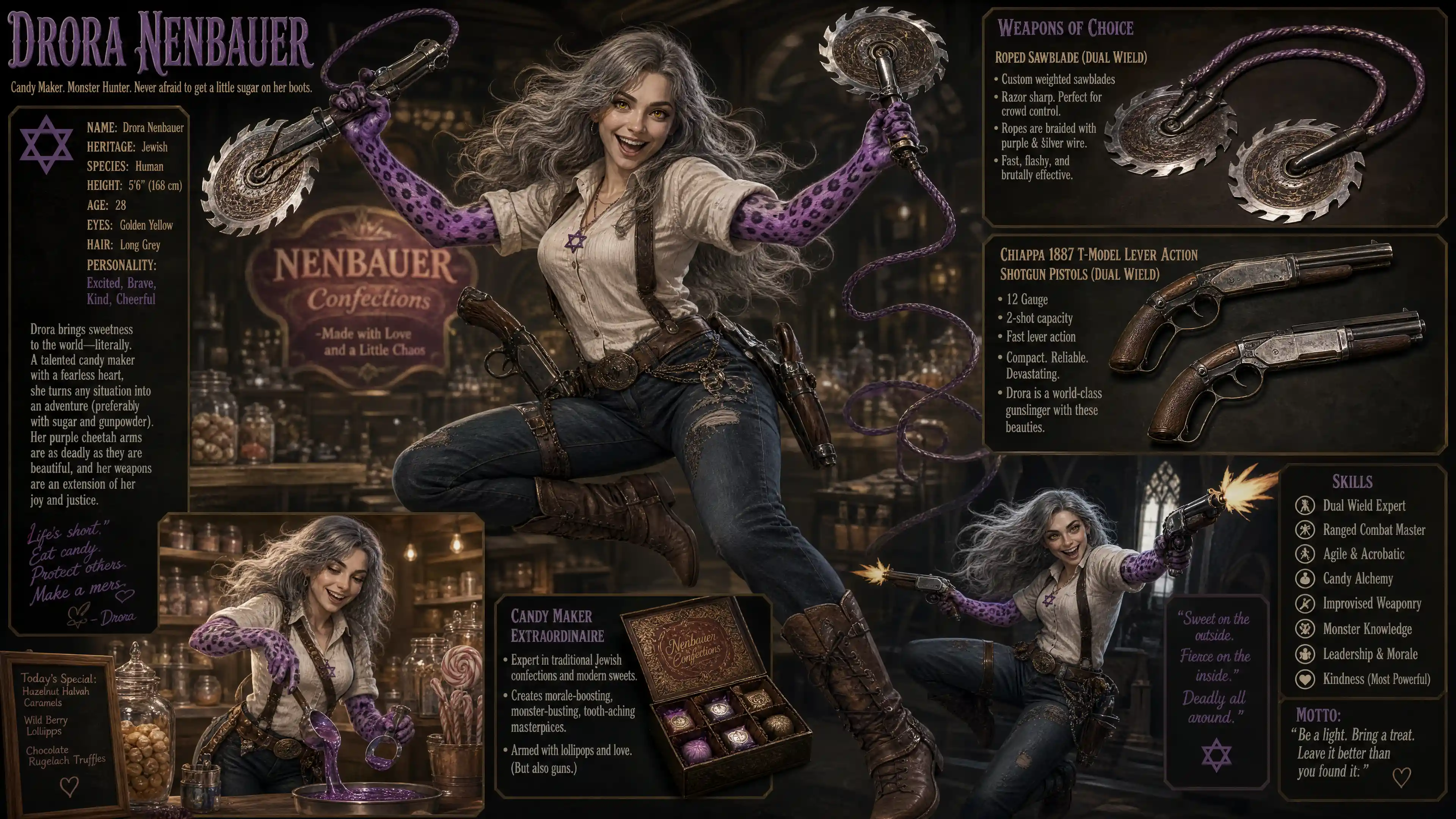 Cheerful warrior woman with roped sawblades and shotguns