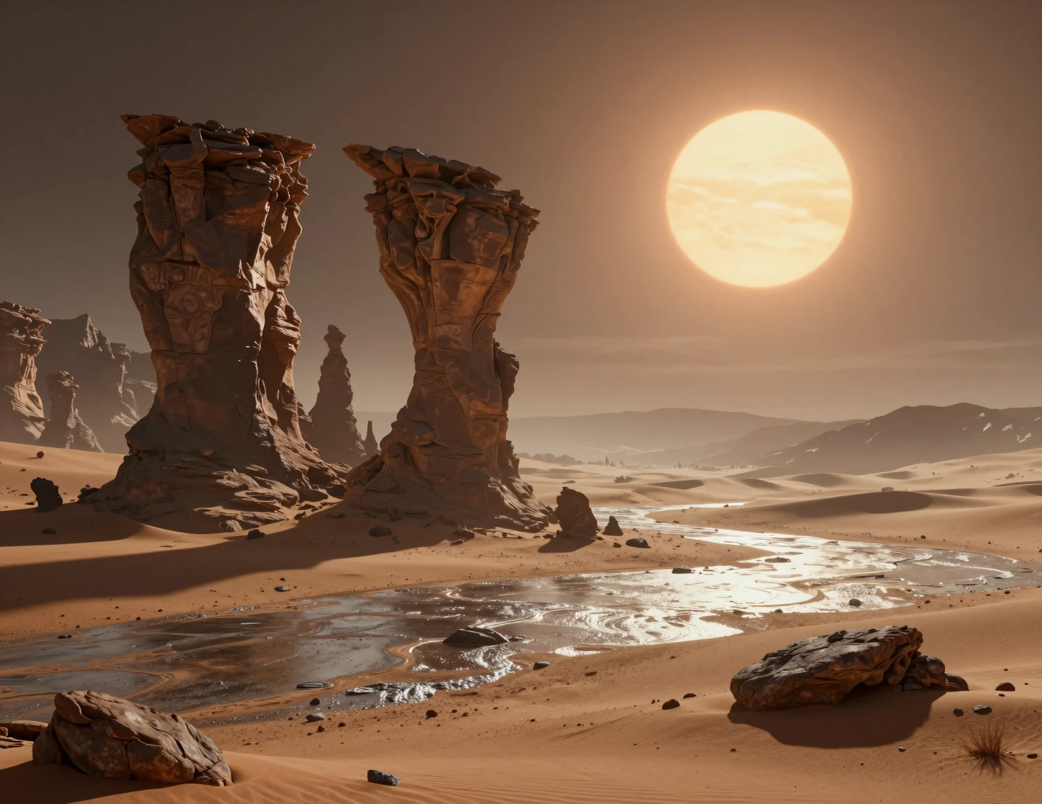 Alien desert landscape under twin suns with rocky formations