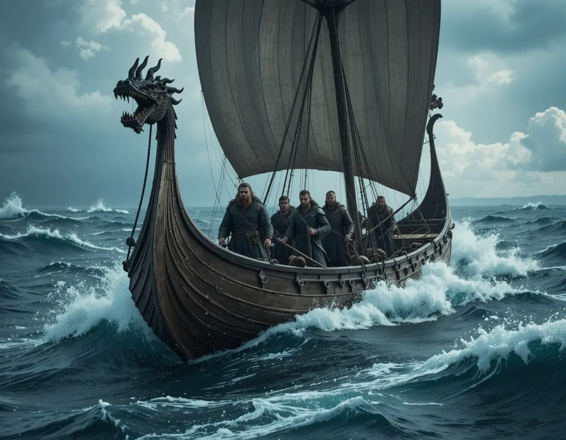 Viking longship battles rough northern seas under storm clouds