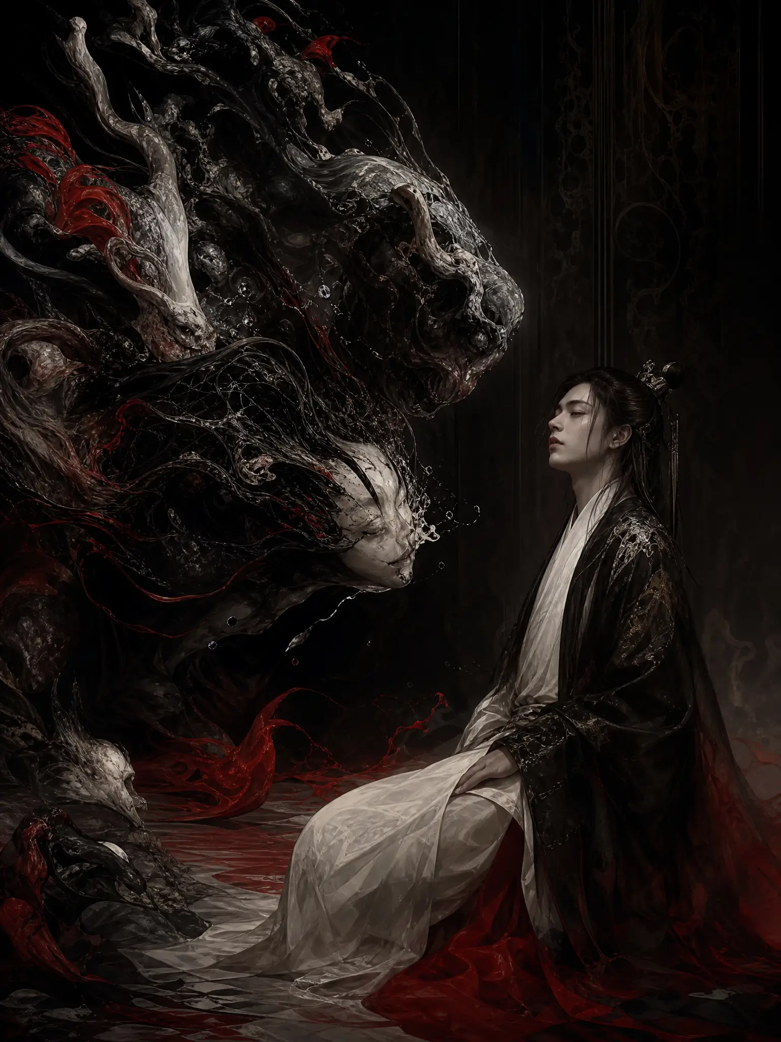 Surreal creatures emerging from darkness toward a calm figure