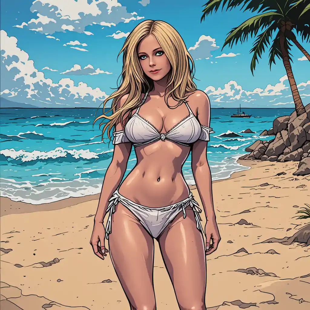 Curvy woman in white bikini posing on sunny beach