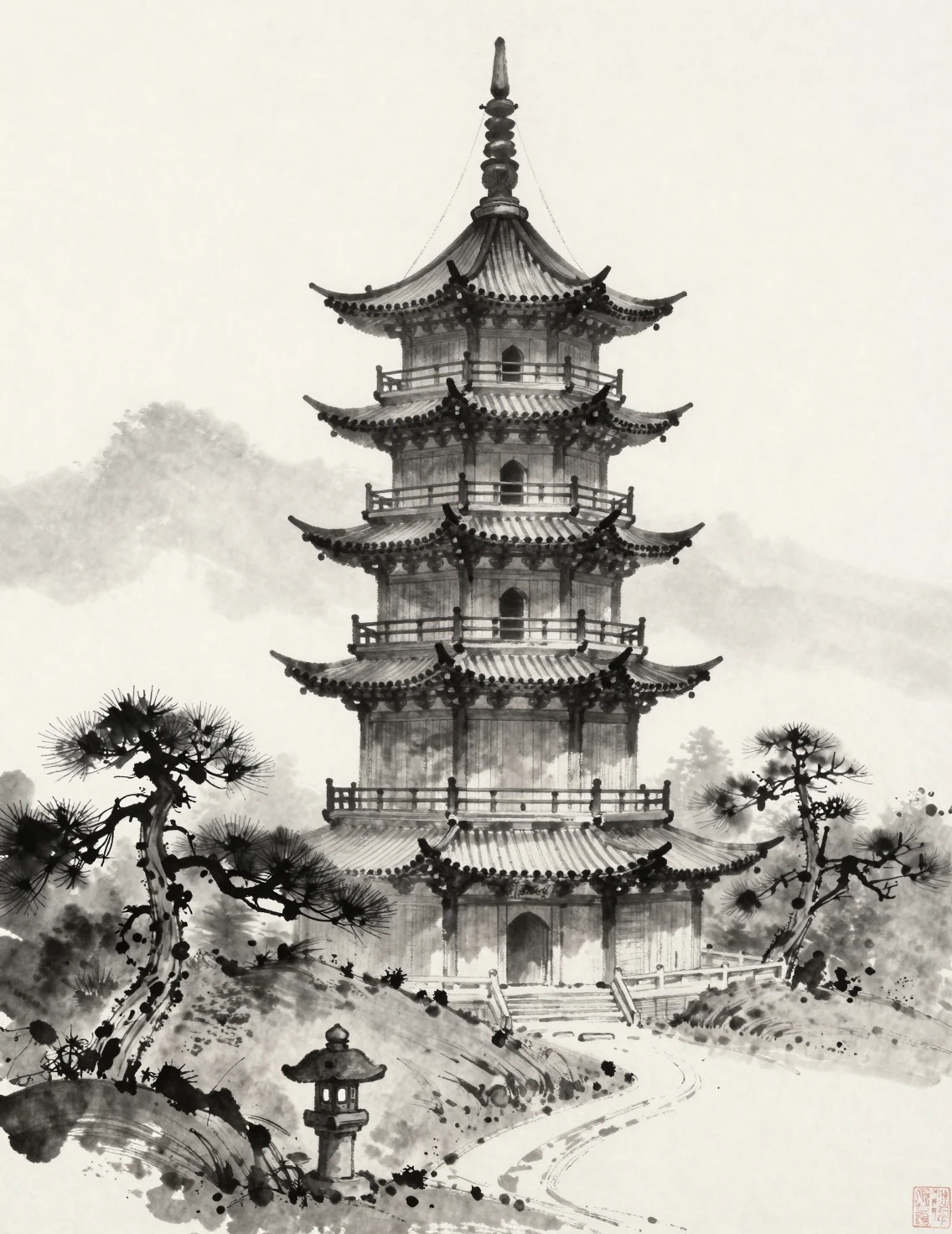 静かな朝霧に包まれた山の塔の水墨画