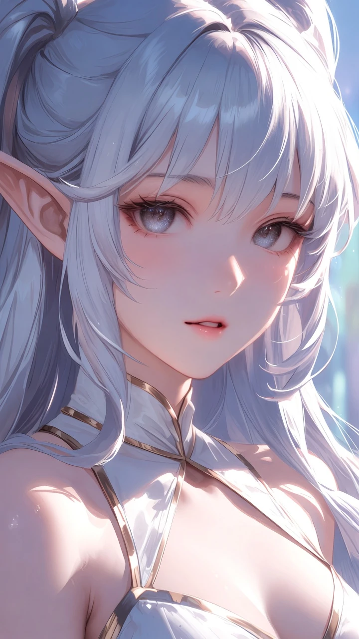 Serene blue haired elf girl in elegant white fantasy outfit