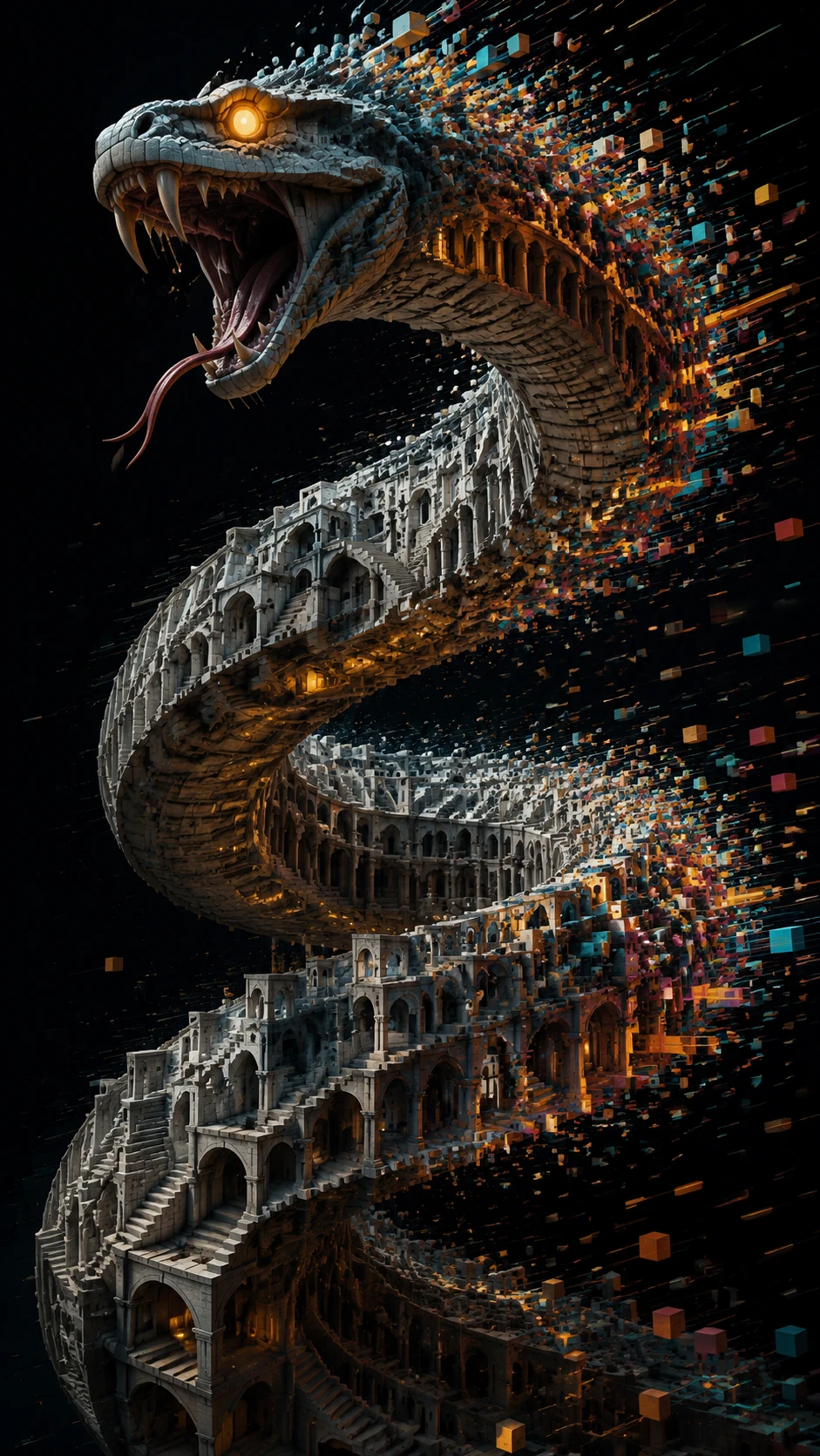 Surreal cosmic serpent built from endless stairs and arches