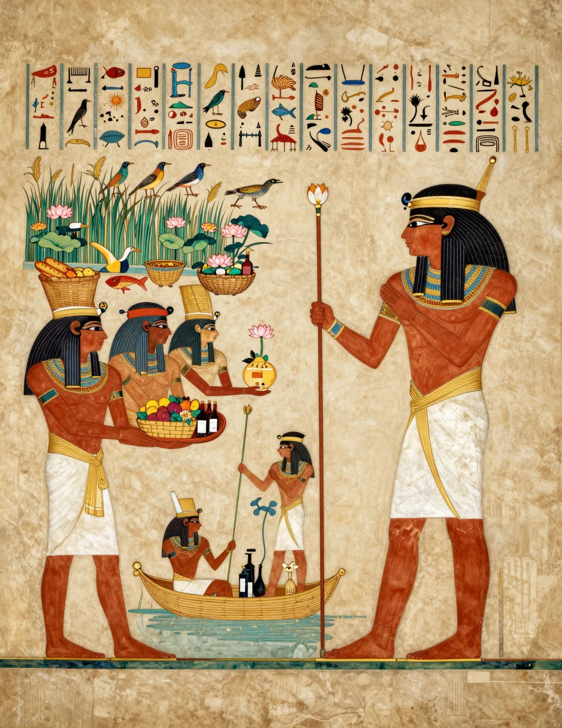 Egyptian noble in profile with attendants and offerings