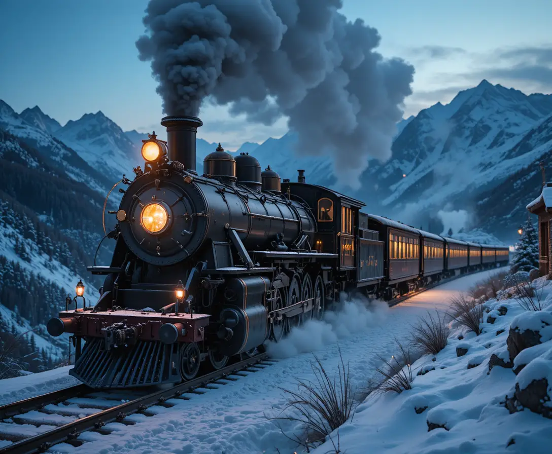 Victorian steam train racing through snowy mountain pass at dusk