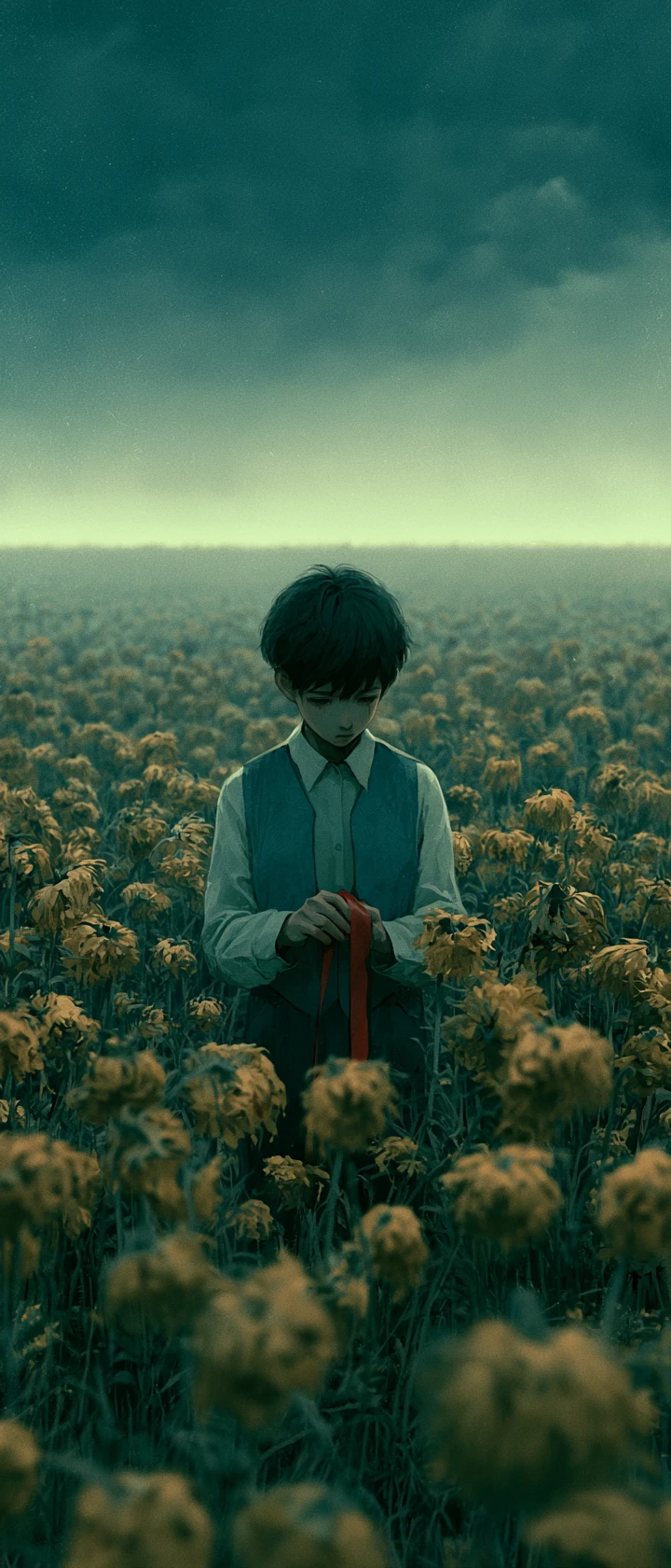 Sad anime girl in sunflower field under stormy sky