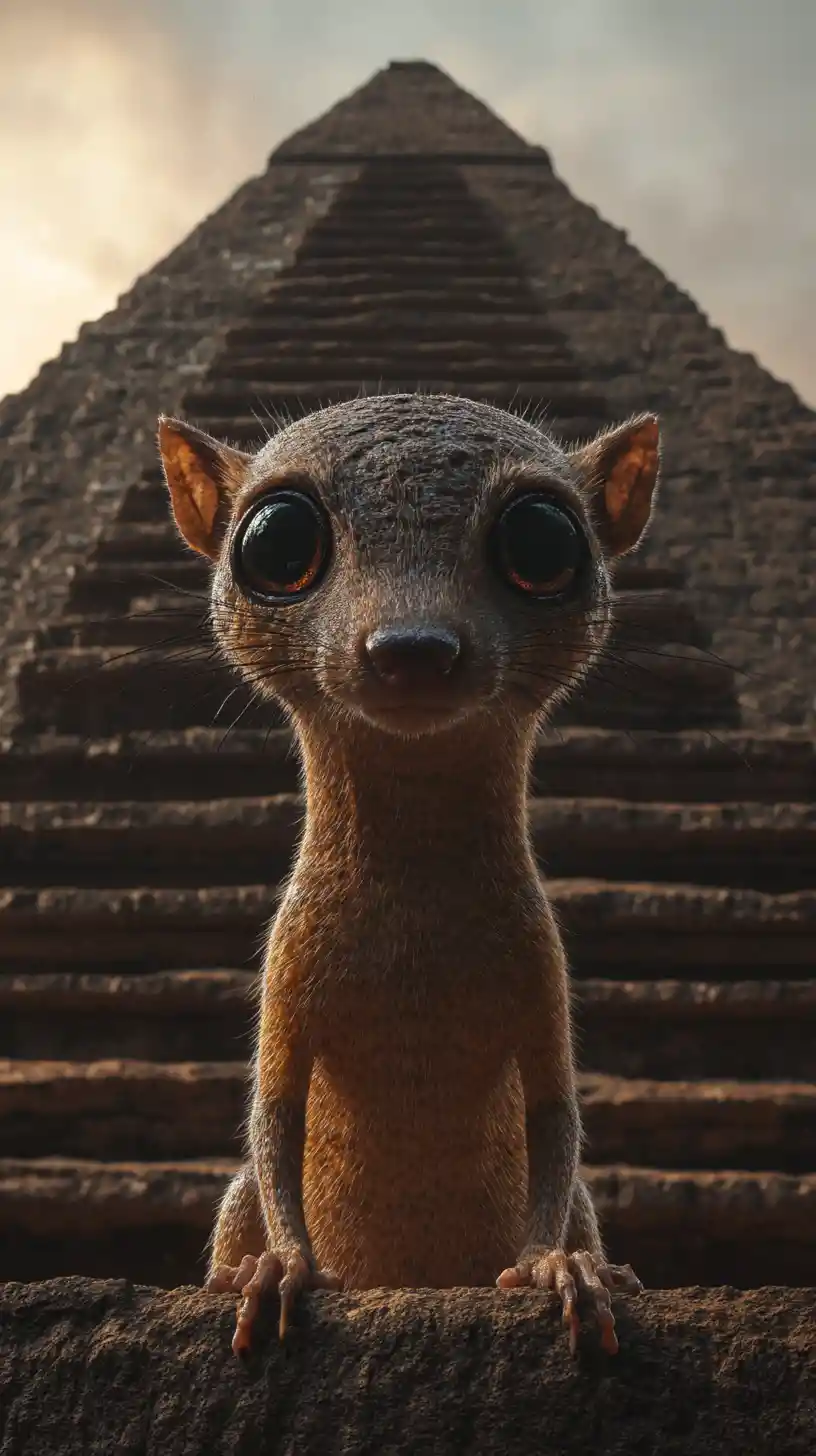 Insect like creature beside a giant earthen pyramid