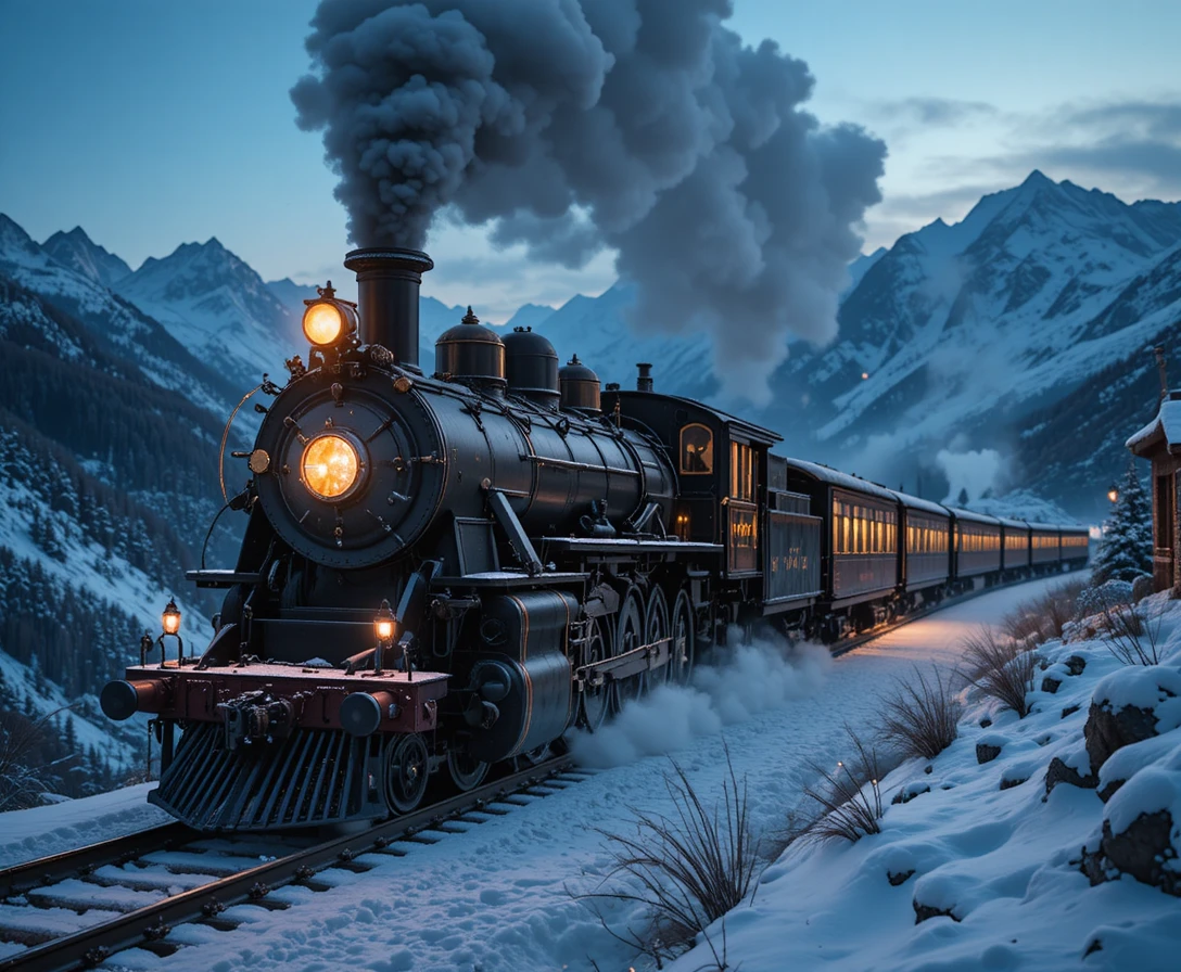 Victorian steam train racing through snowy mountain pass at dusk