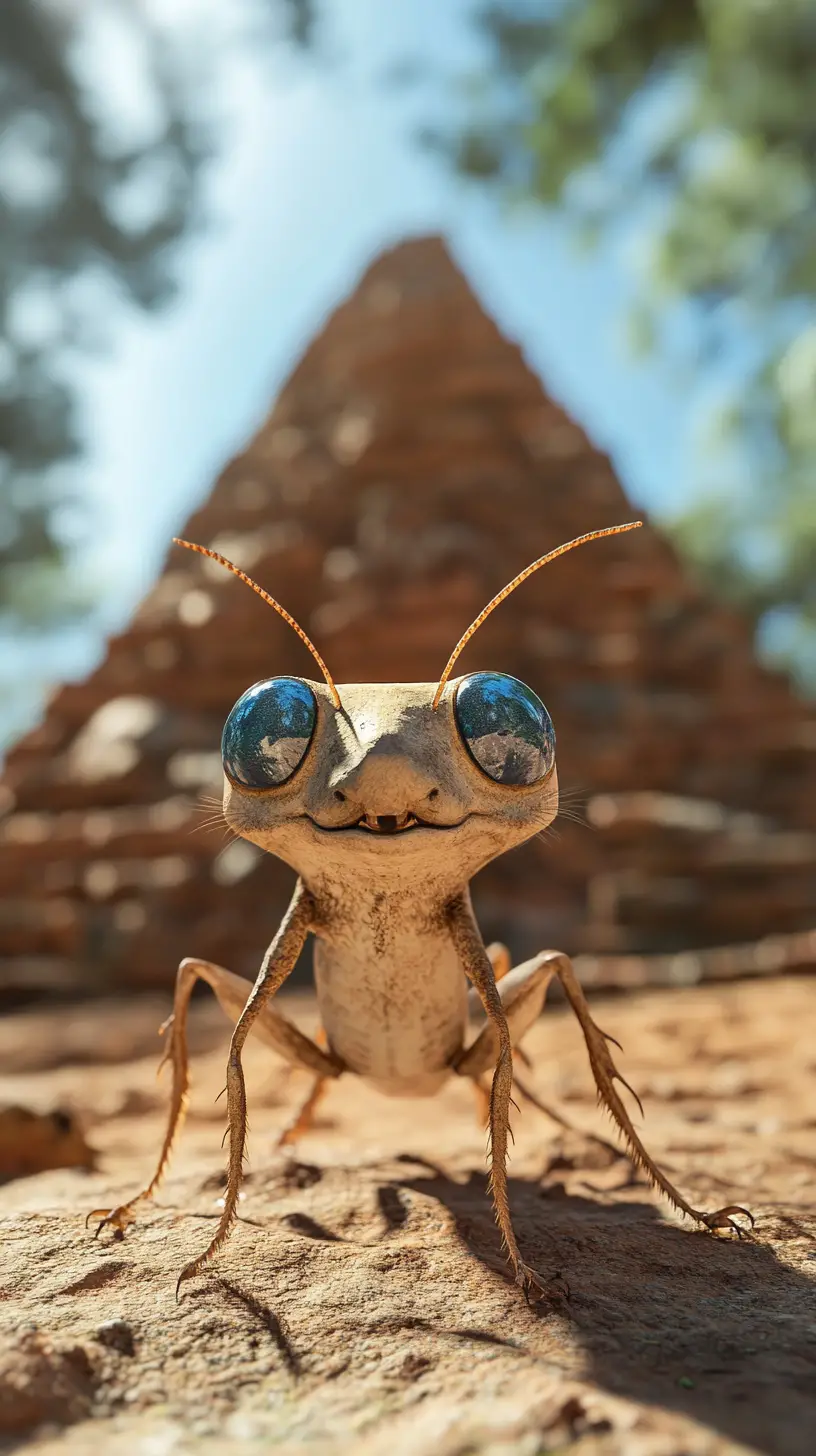 Small fantasy creature before giant termite mound pyramid