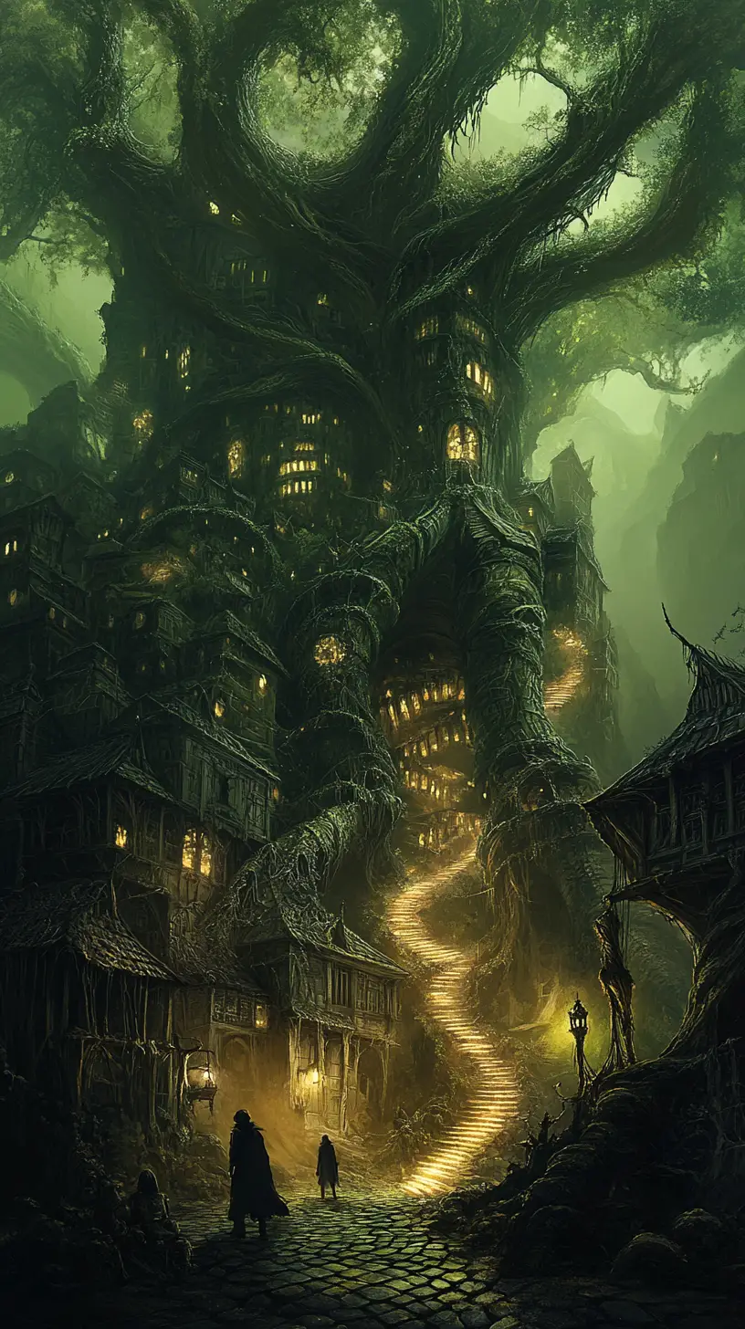 Antica città-foresta di treant che forma una vasta metropoli organica