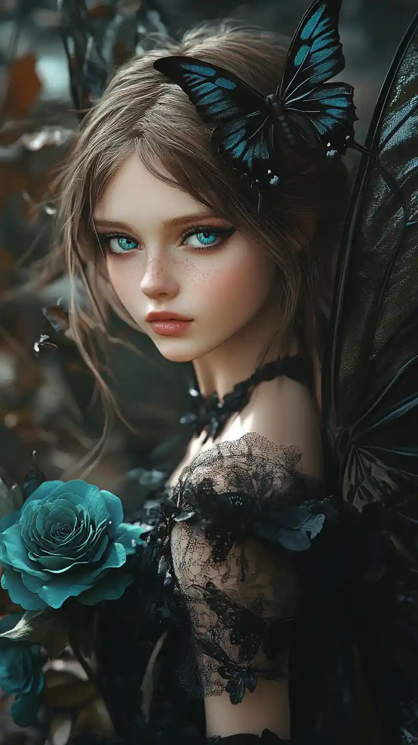 Melancholic fairy girl with teal roses in dark forest