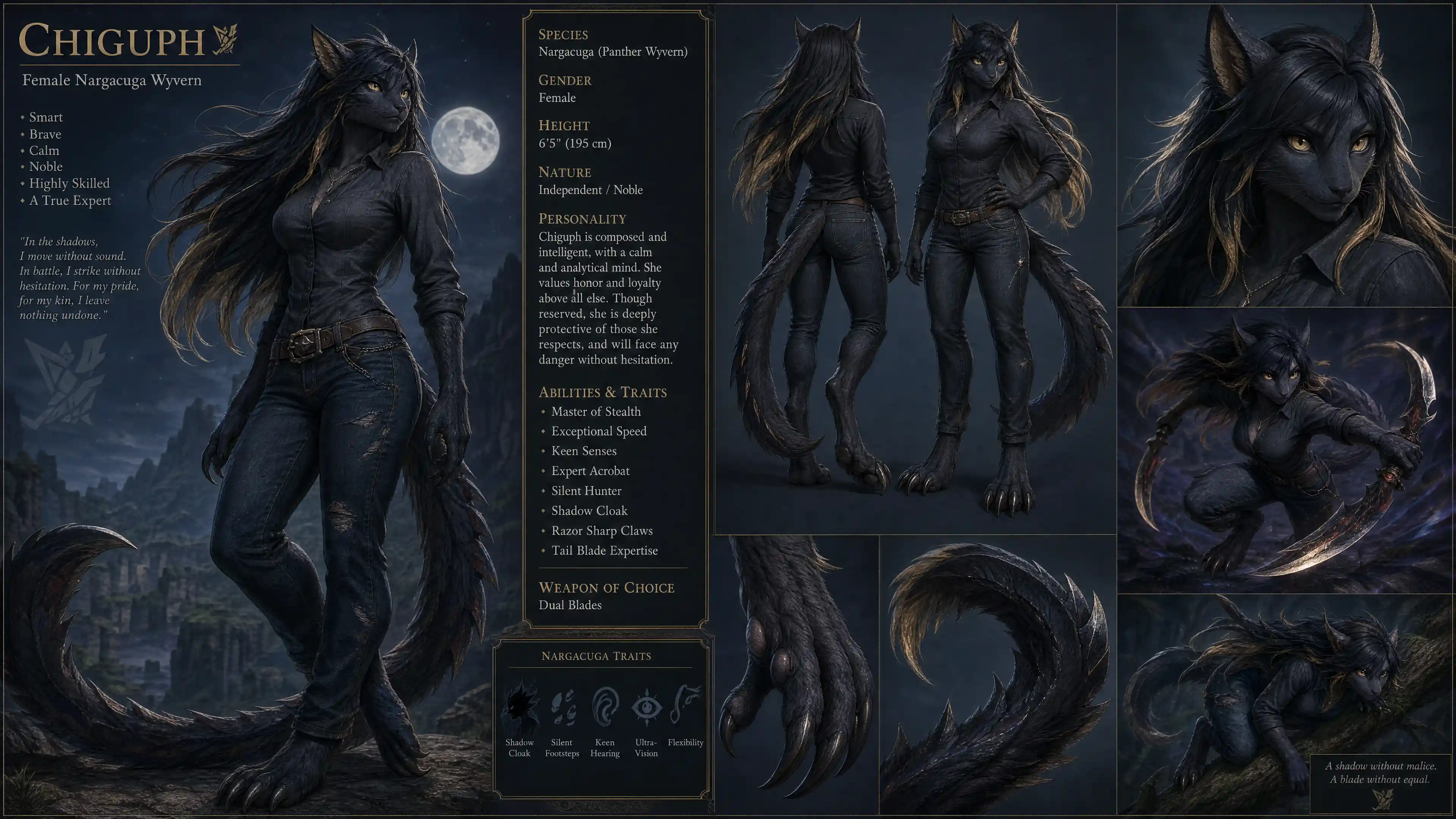 Calm fantasy woman with wyvern traits in casual clothes