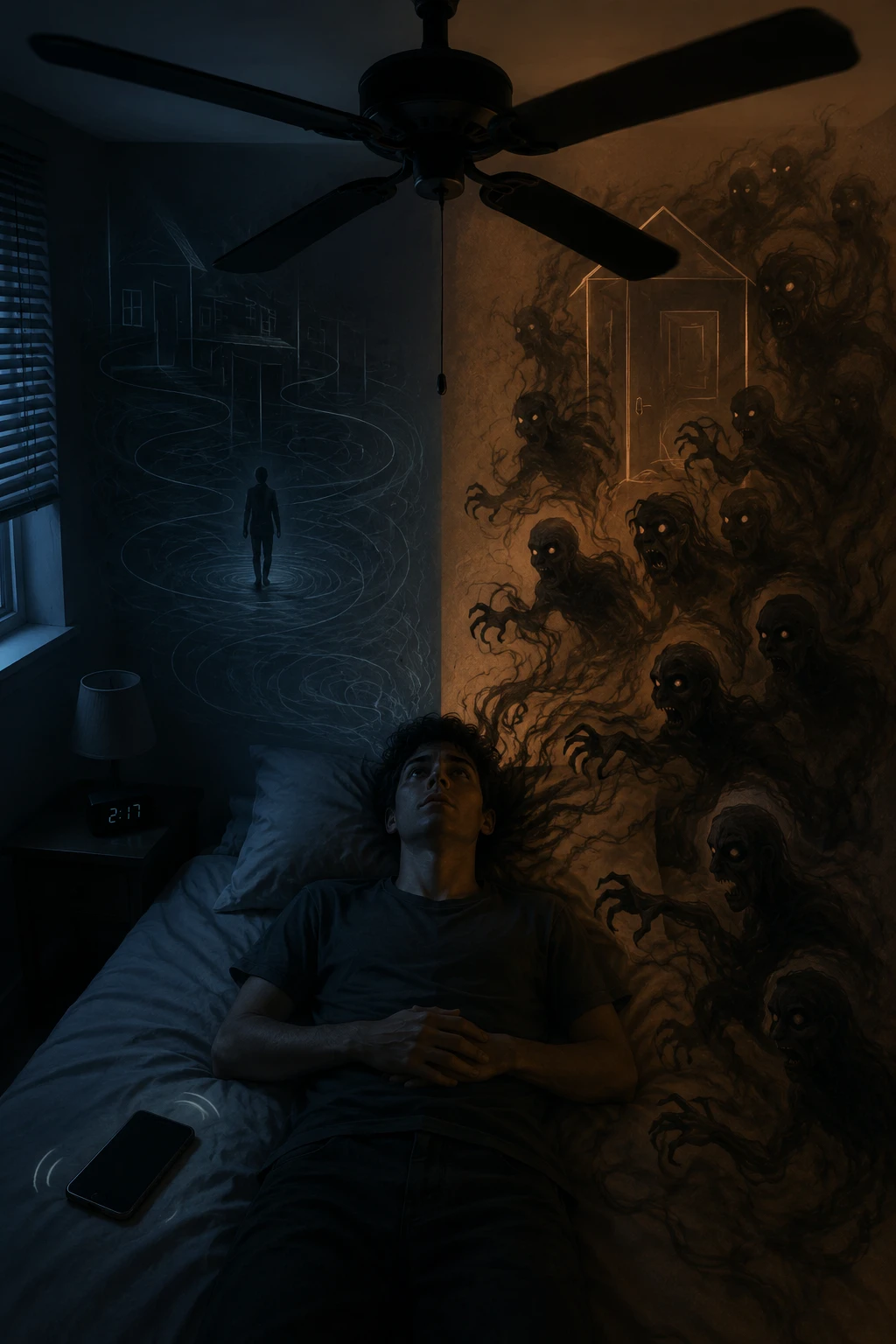 Person lying beneath a ceiling fan staring into the half lit room