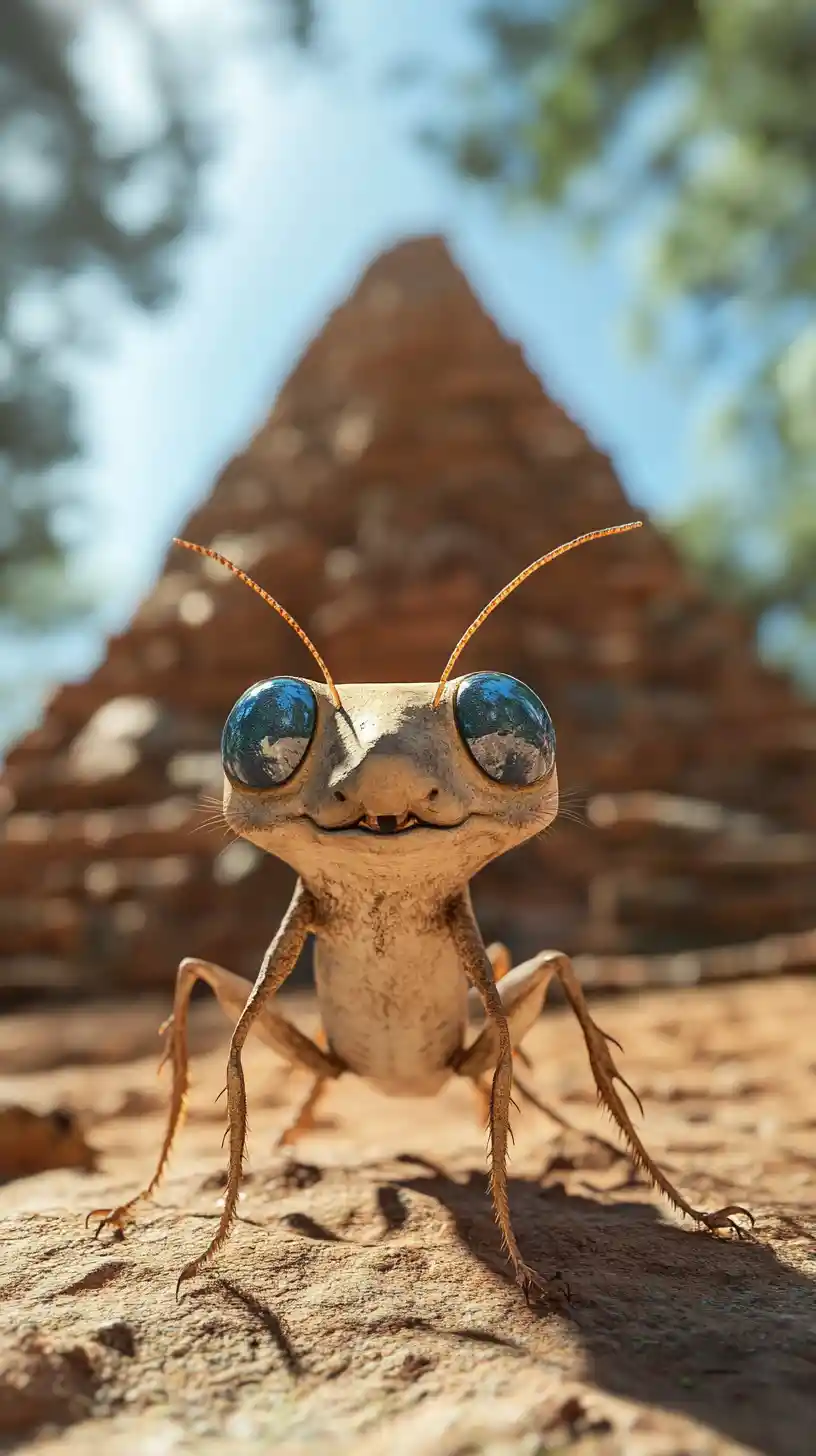 Small fantasy creature before giant termite mound pyramid