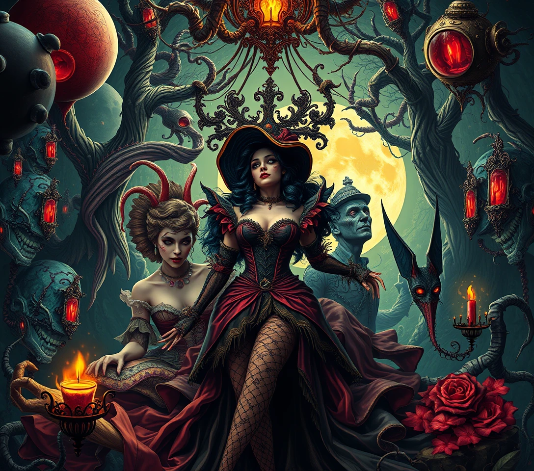 Surreal woman in a vivid world of mystery and chaos