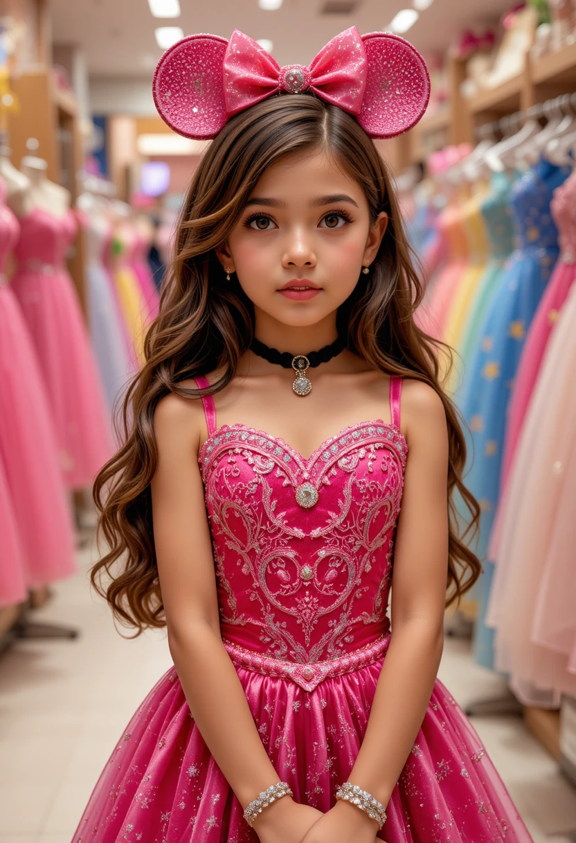 Preteen girl in pink Minnie gown at dress shop