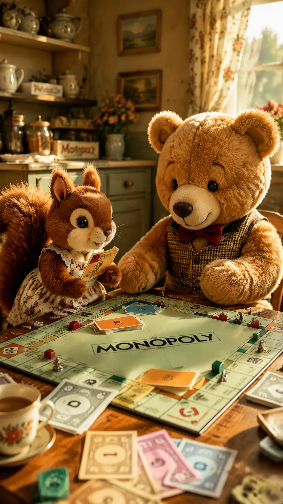 Plüsch-Eichhörnchen und Bär spielen Monopoly im sonnigen Zimmer
