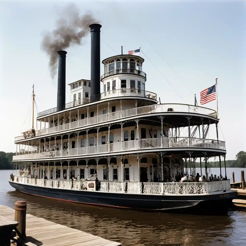 Mississippi paddlewheel steamer crowded with passengers at night