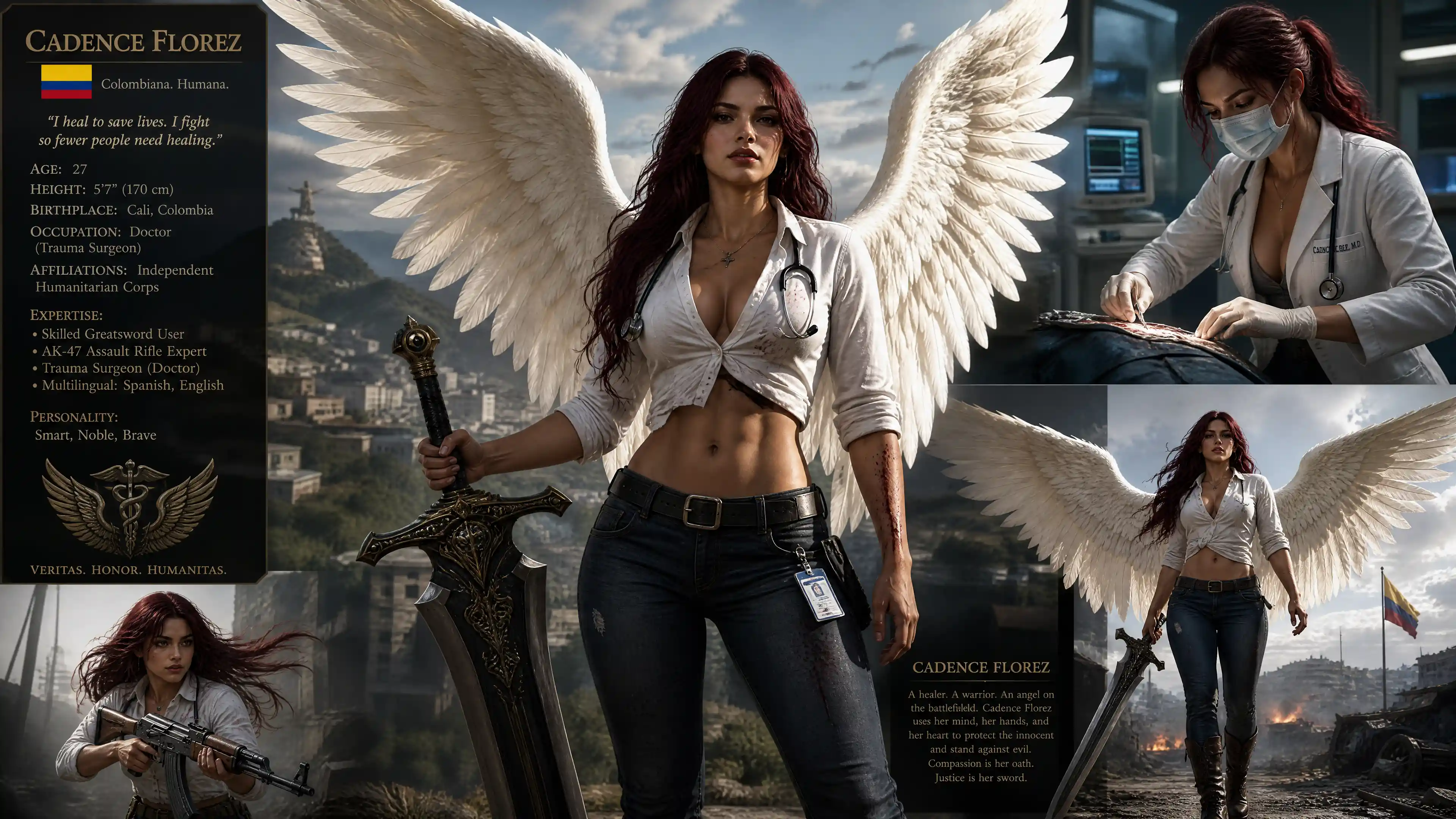 Colombian warrior woman with swan wings and greatsword