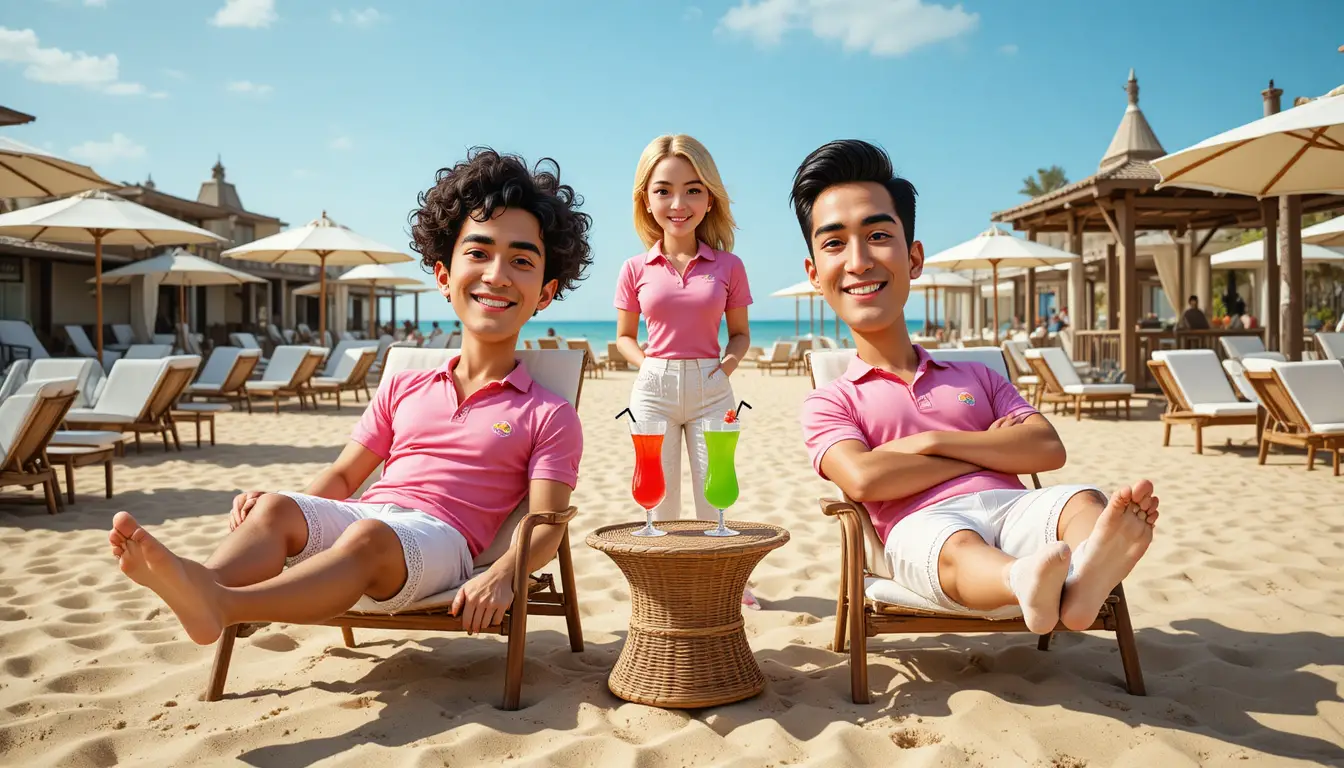 Friends relaxing on beach loungers at a sunny resort