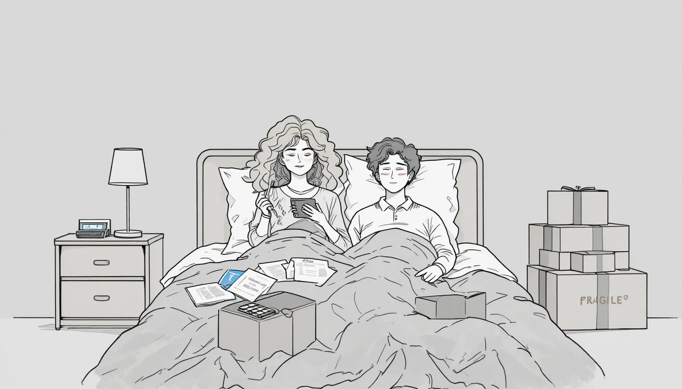 Couple In Bed With Papers And Boxes In Line Art Style