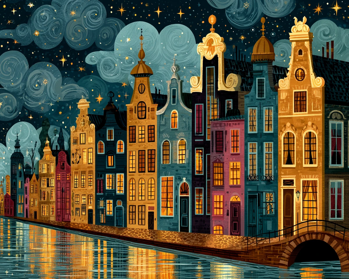 Encantadoras casas de los canales de Ámsterdam bajo un cielo nocturno estrellado