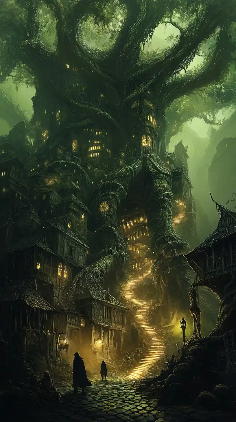 Ancient treant forest city forming a vast organic metropolis