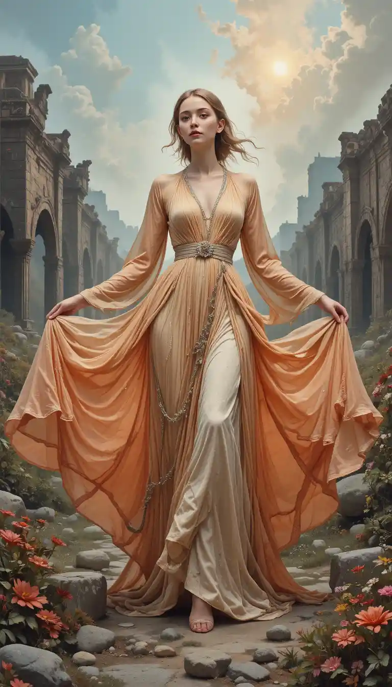 Boho chic woman in flowing layers before rustic dreamy backdrop