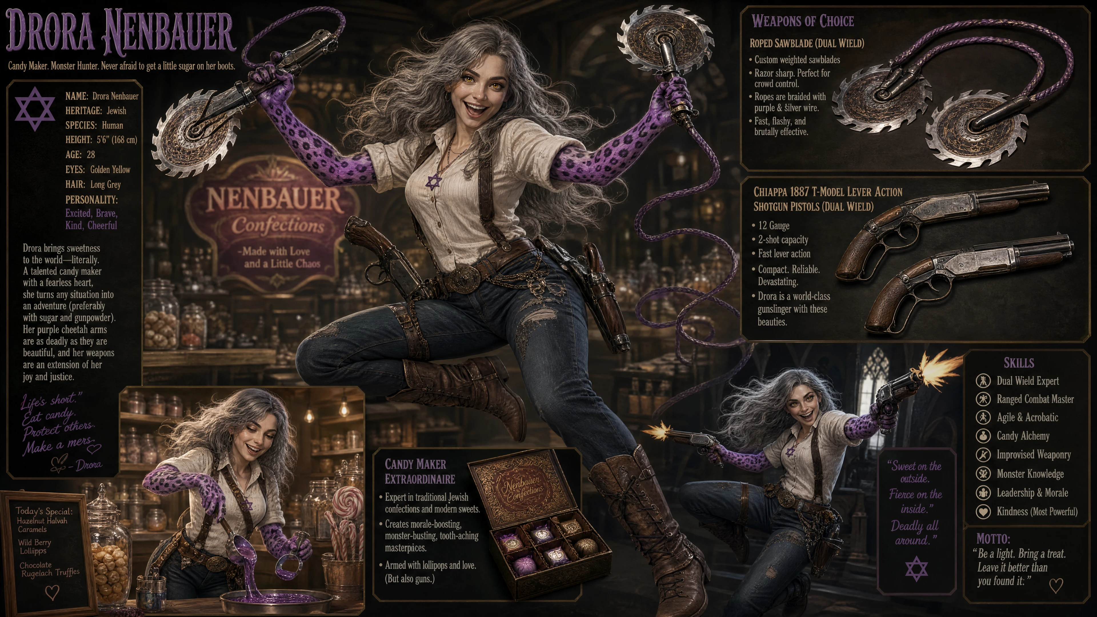 Cheerful warrior woman with roped sawblades and shotguns