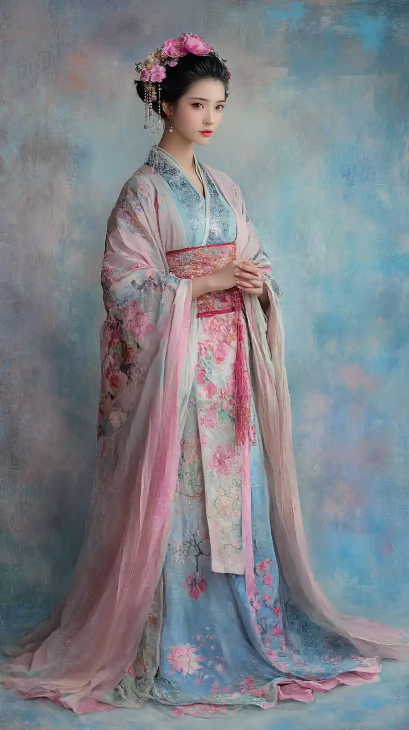 Graceful woman in pink and blue hanfu portrait