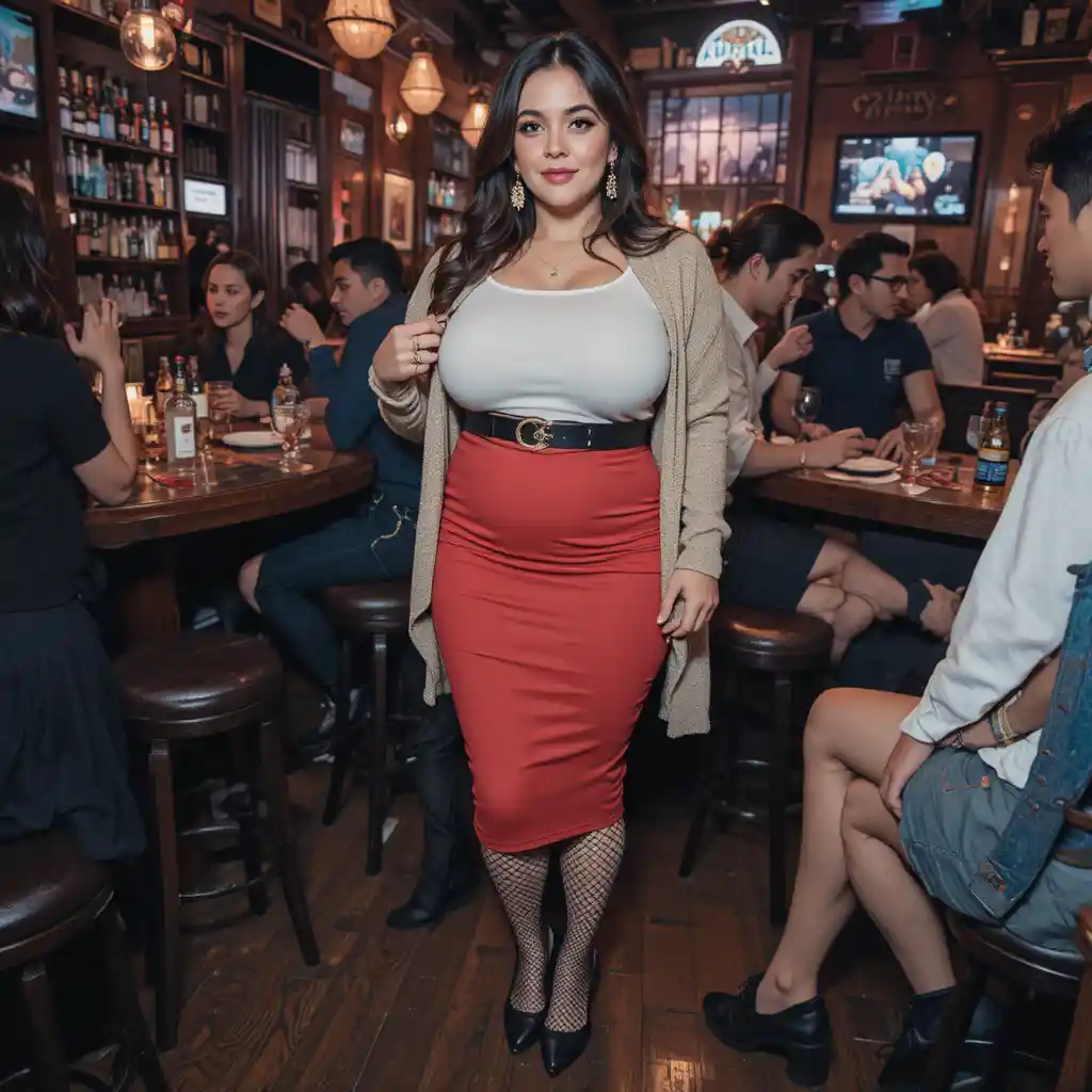 Plus size woman in pencil skirt at a bar with friends