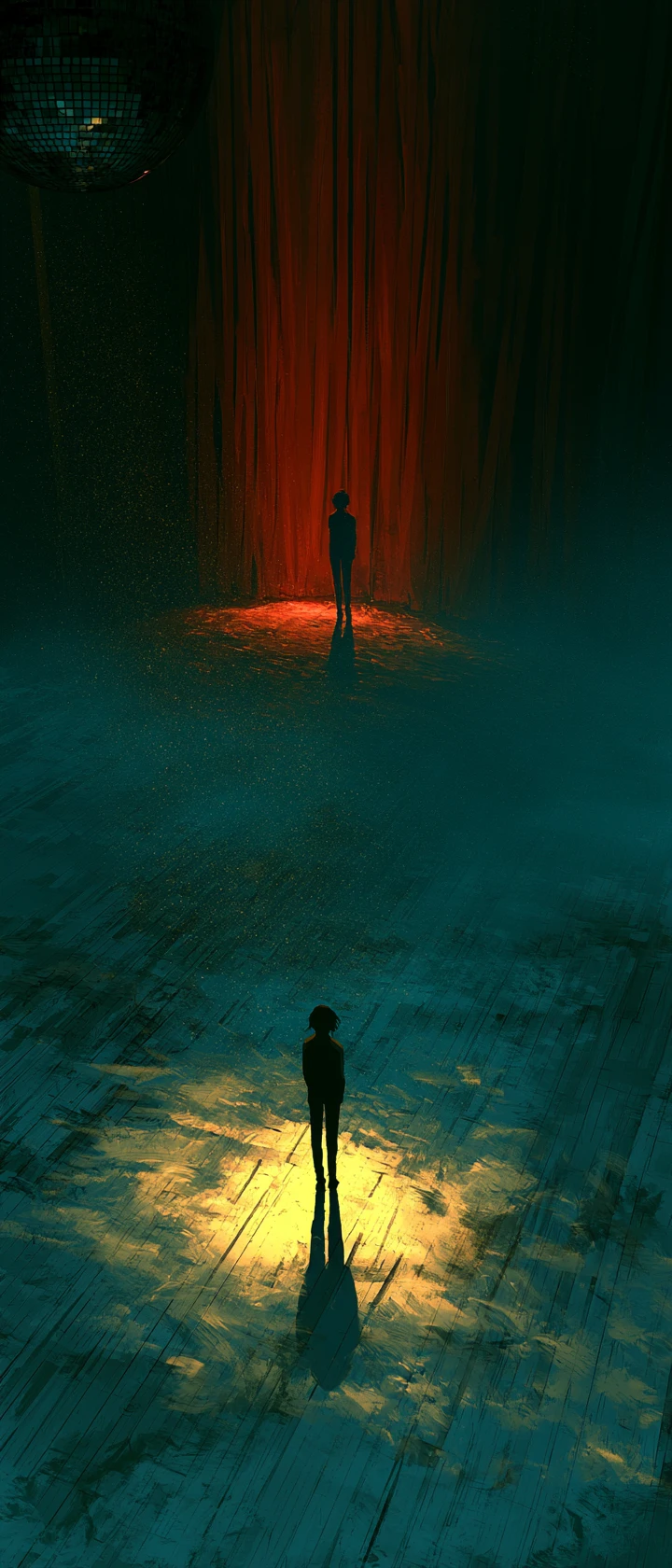 Anime woman standing alone in an abandoned 1970s dance hall