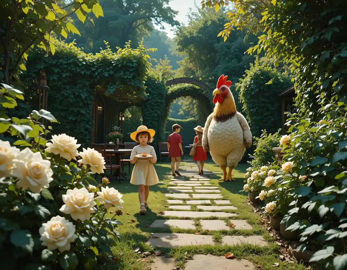 Children walking a garden path with a costumed figure