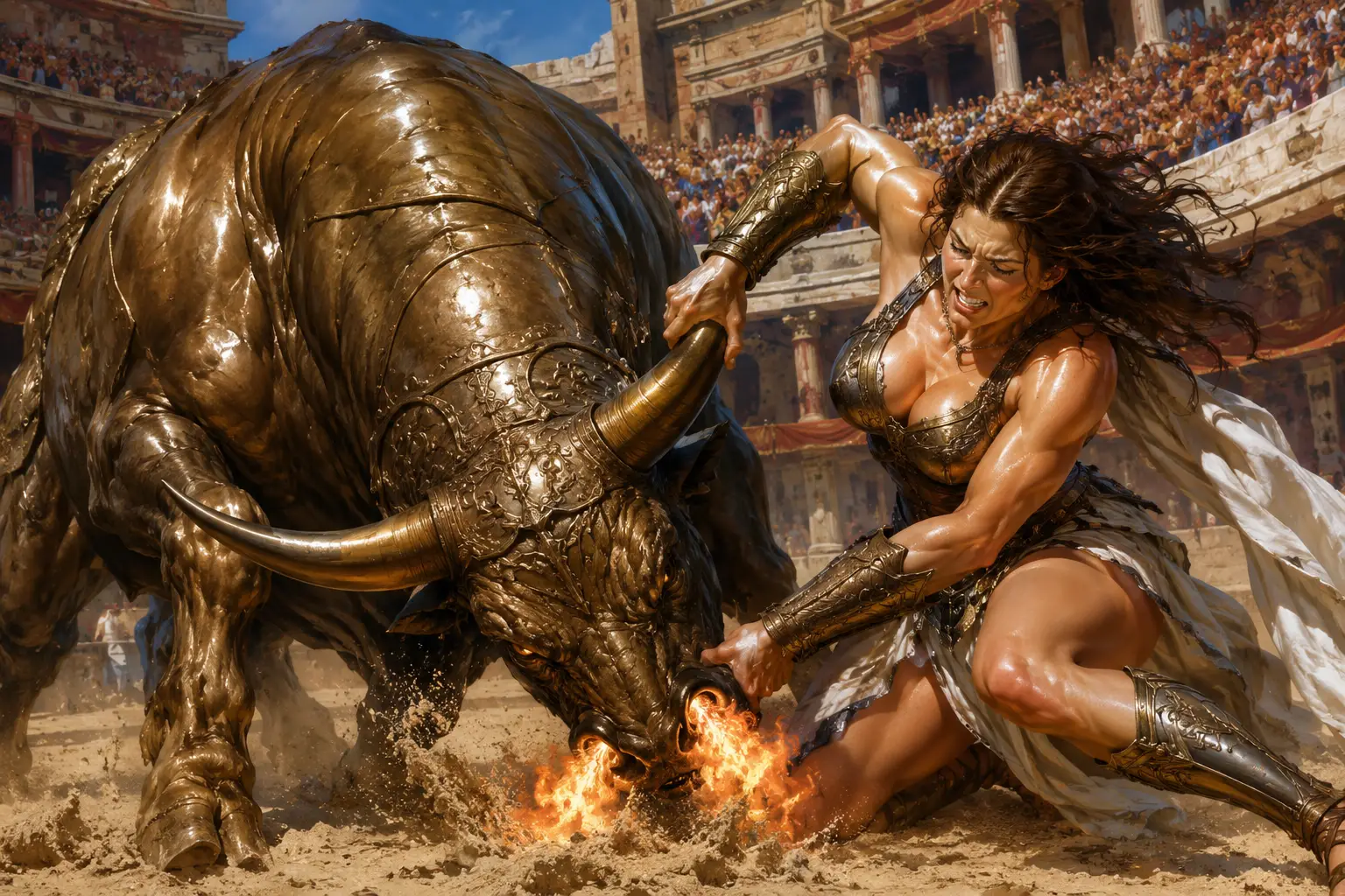 Female warrior grappling a bronze bull in mythic arena