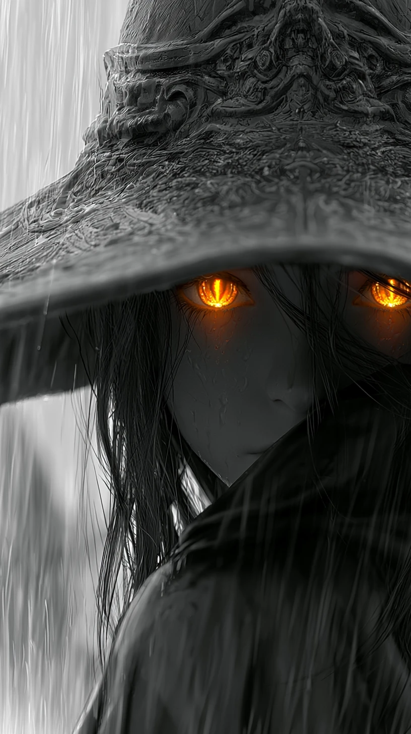 Ragazza strega anime con occhi luminosi sotto la pioggia battente