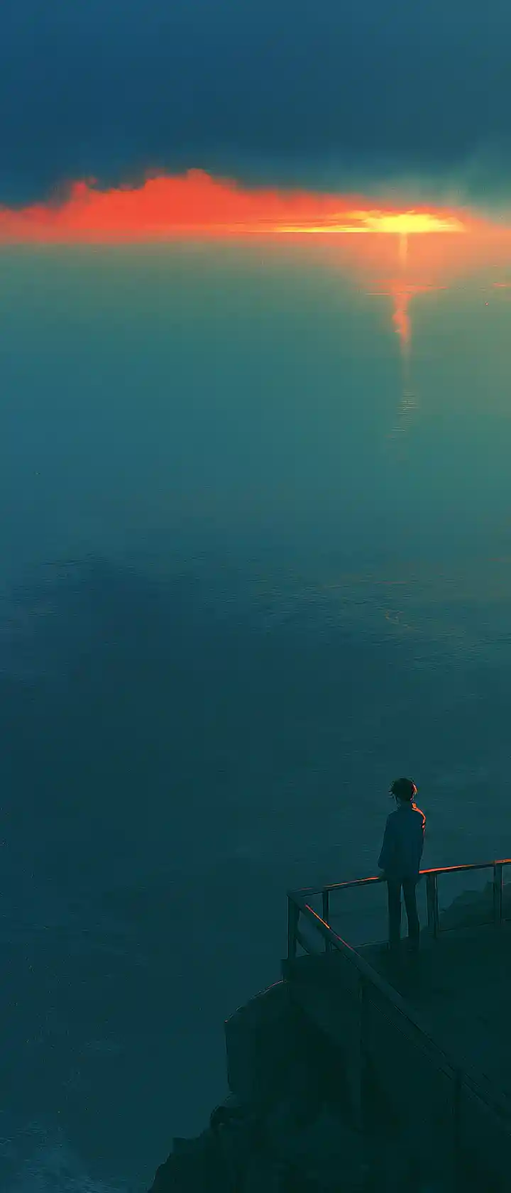 Lonely figure on a cliffside watching a distant crimson sunset