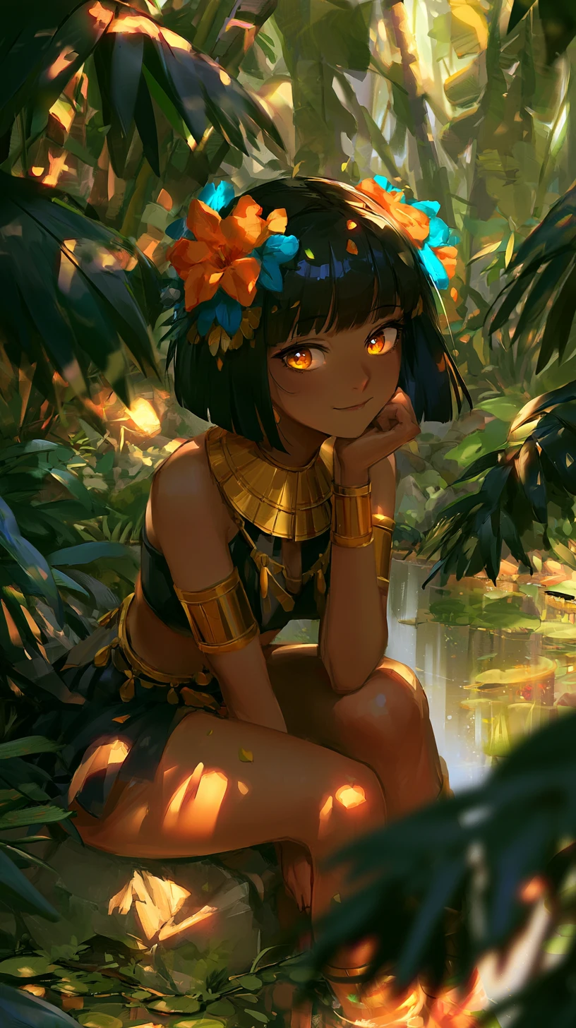 Chica de anime en la jungla junto a un estanque bajo la luz dorada del sol
