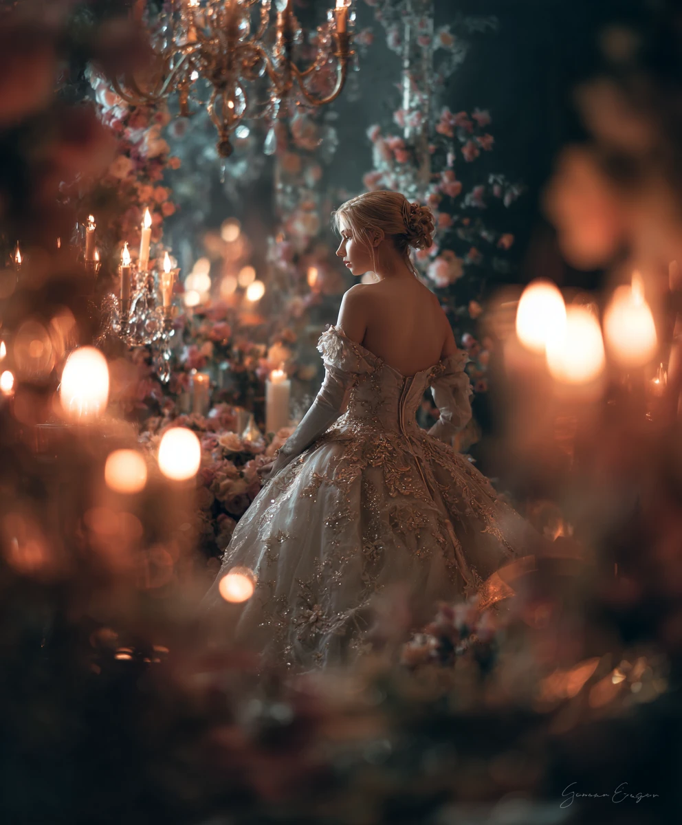 Romantic fantasy royal couple in candlelit fairy tale world