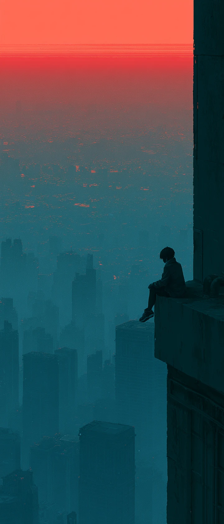 Anime woman on rooftop above dystopian smoggy city at dusk